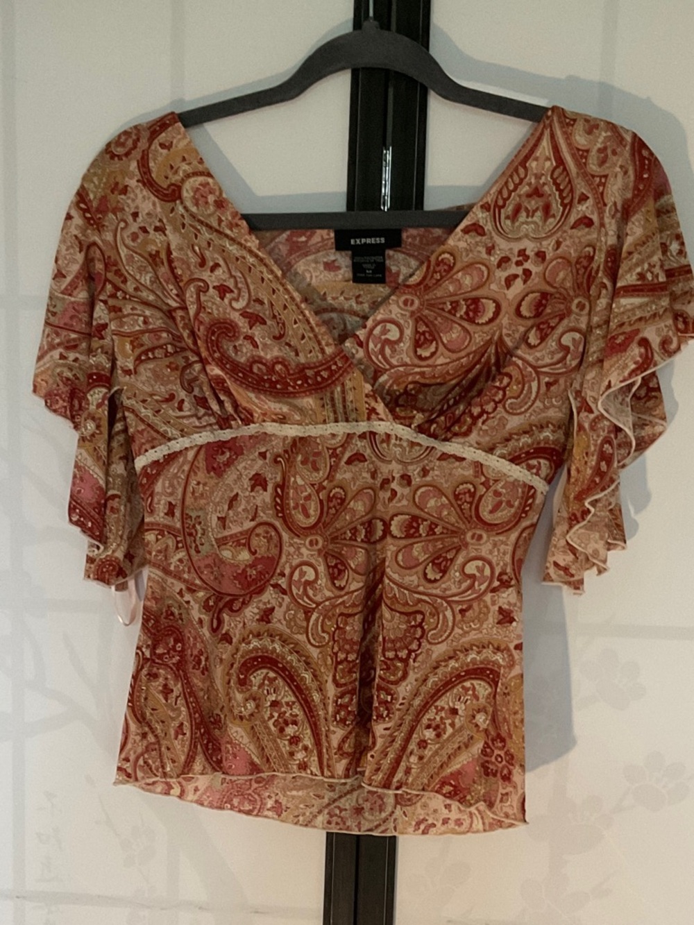 Express Paisley Surplice Flutter Sleeve Top - Red, Tan